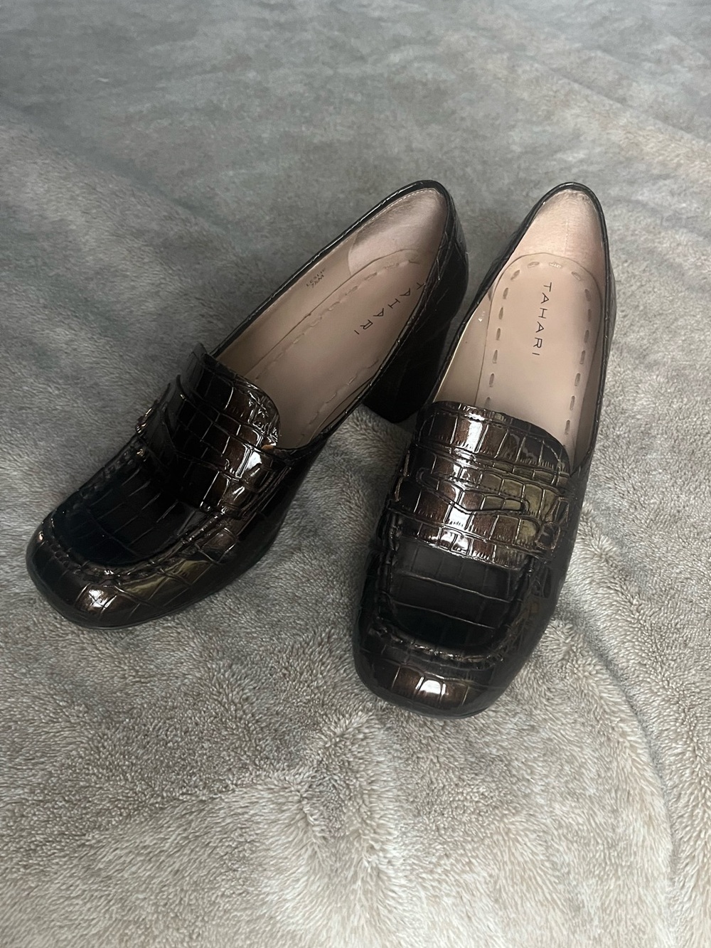 Tahari Dark Brown Croc-Embossed Loafers with Block Heel